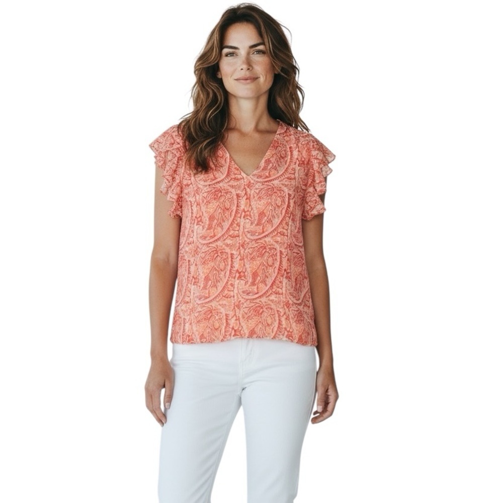 RAMY BROOK Coral Paisley Ruffle Sleeve V-Neck Blouse Size Medium - Picture 2 of 5